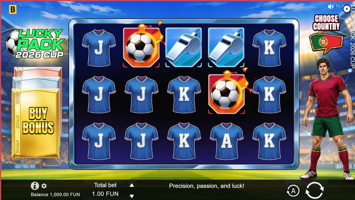 Tampilan antarmuka seluler slot Lucky Pack 2026 Cup dengan grafis stadion yang hidup