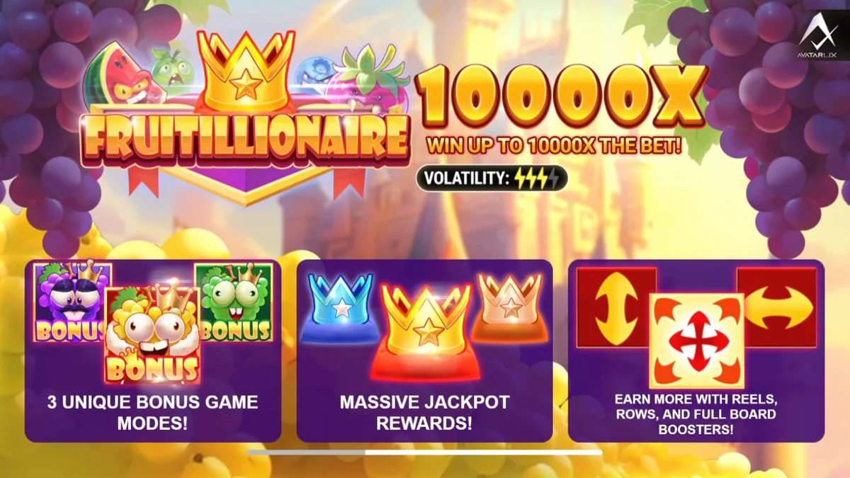 Tampilan visual slot Fruitillionaire dengan karakter buah yang marah